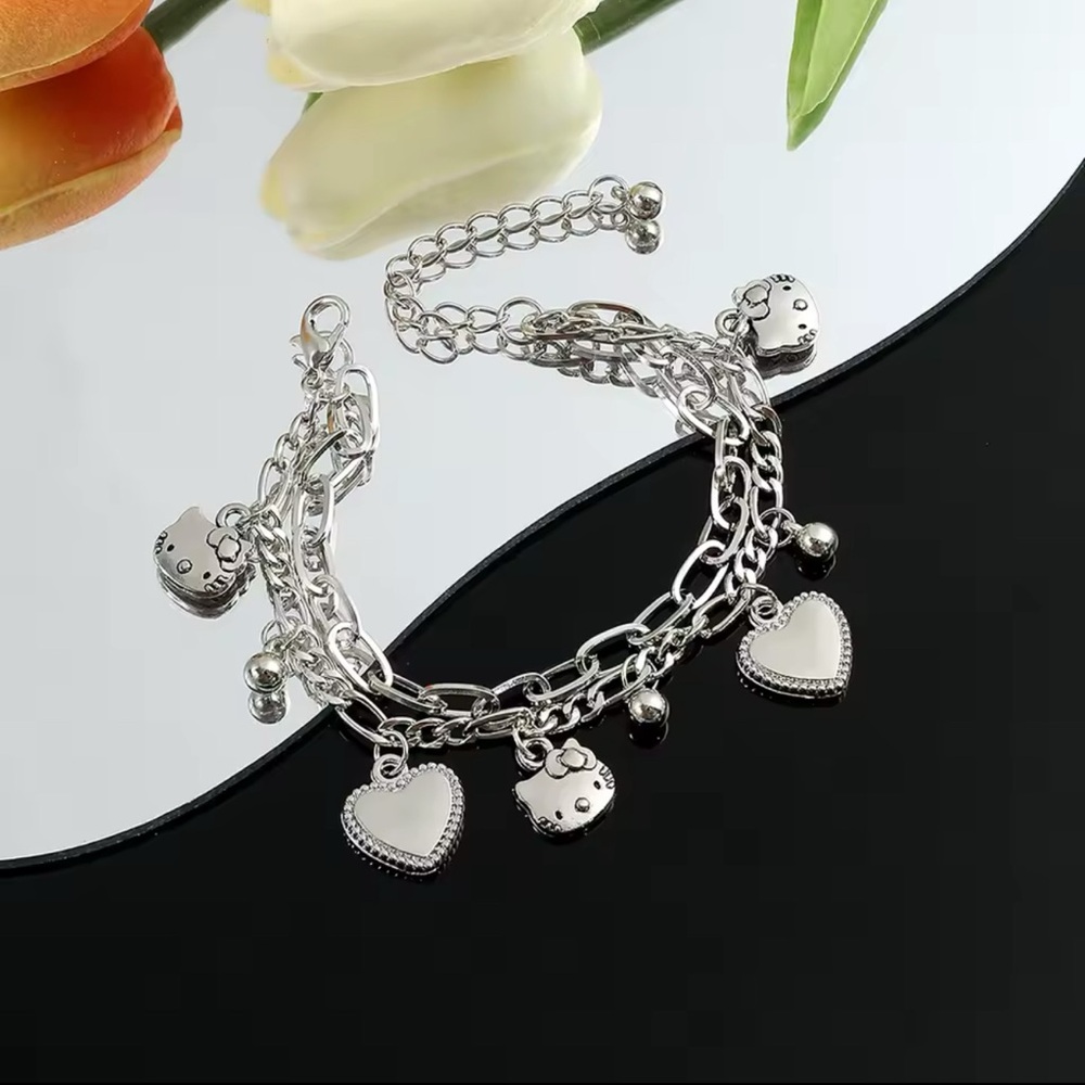 Hello Kitty Silvertone Beaded Charm Bracelet